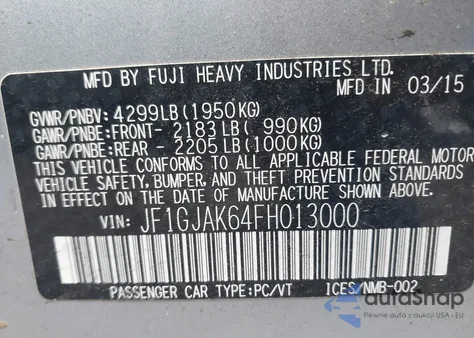 2015 Subaru Impreza 2.0I Premium z USA, uszkodzony, nr VIN JF1GJAK64FH013000